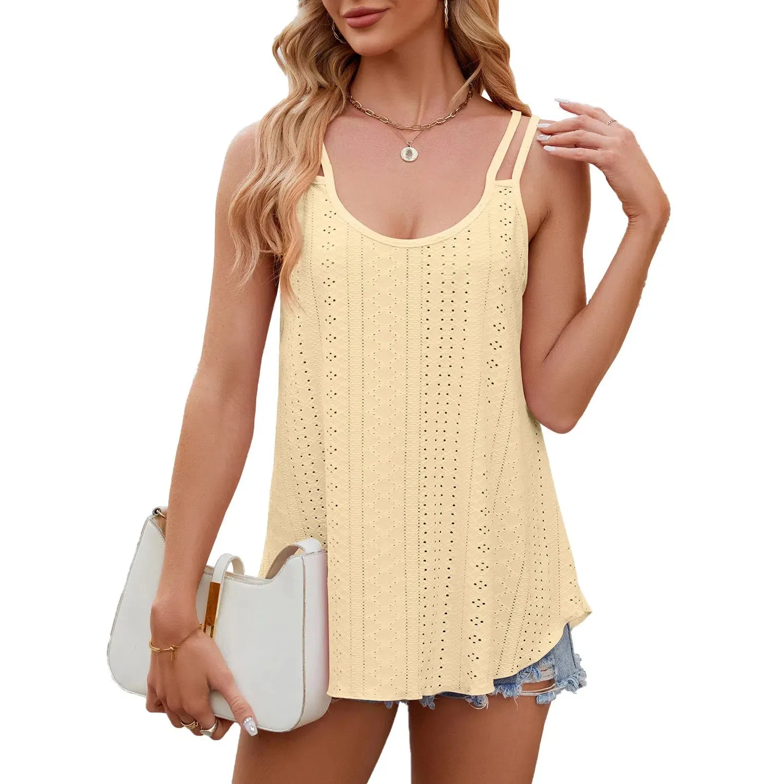 Women's Sleeveless Shirts Eyelet Loose Fit Tank Tops Summer Chic Crew Neck Tunic T Tops