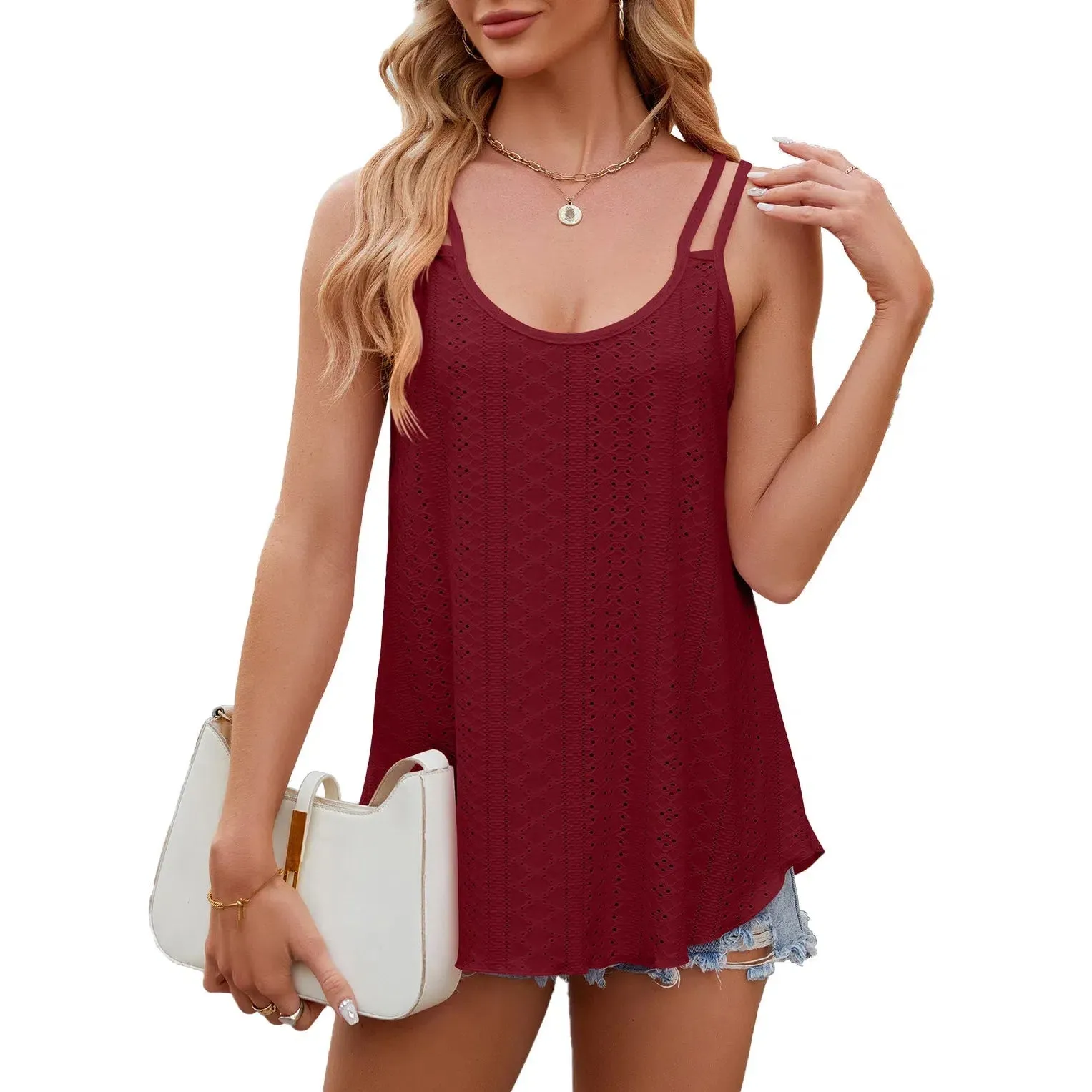 Women's Sleeveless Shirts Eyelet Loose Fit Tank Tops Summer Chic Crew Neck Tunic T Tops