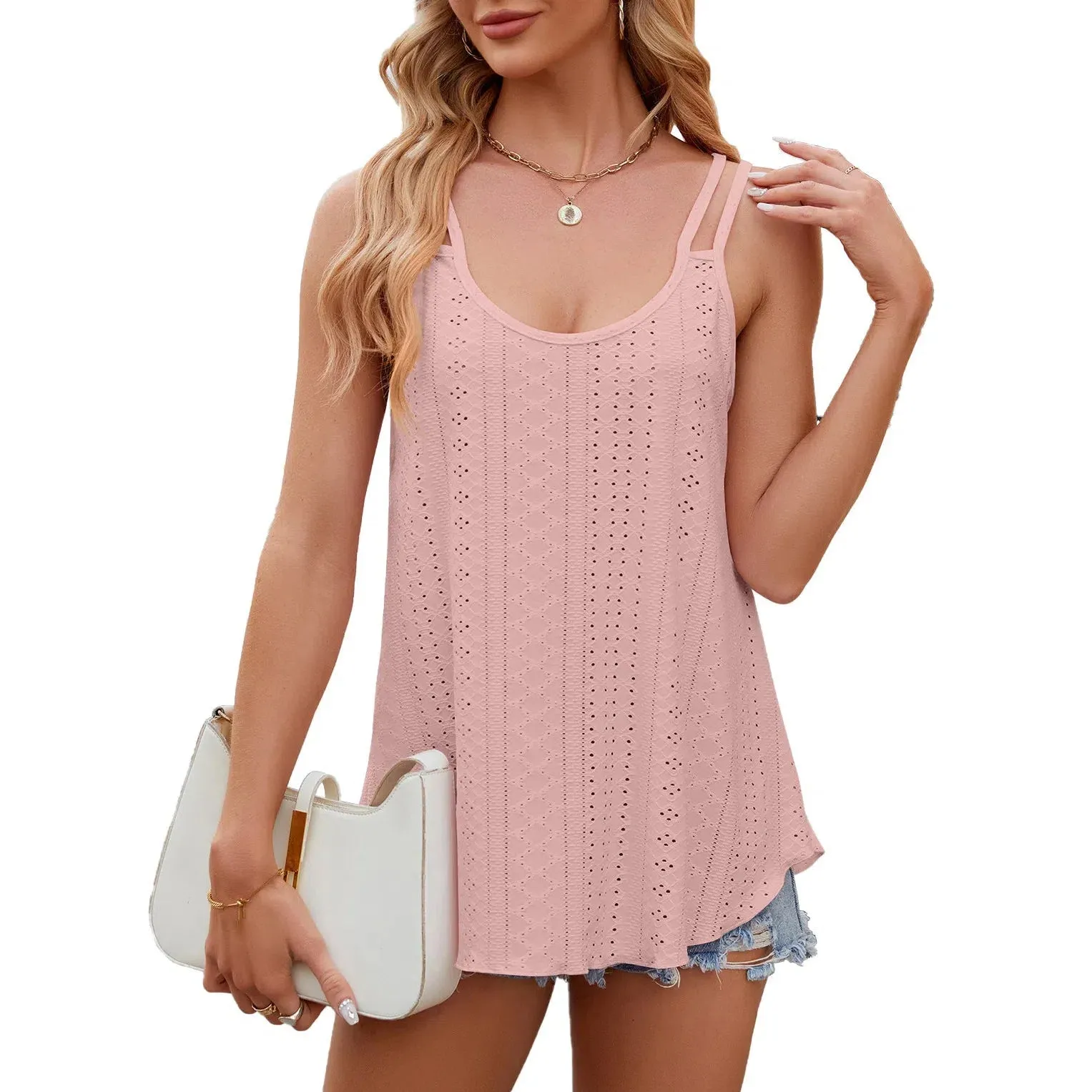 Women's Sleeveless Shirts Eyelet Loose Fit Tank Tops Summer Chic Crew Neck Tunic T Tops