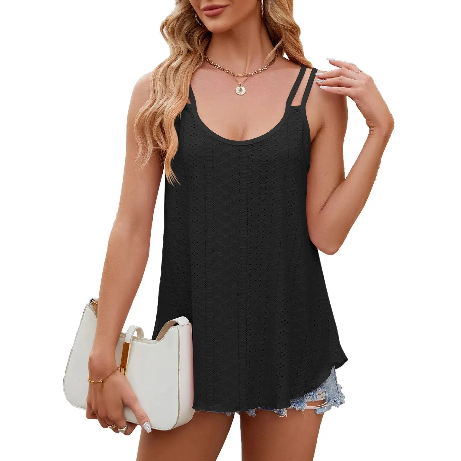 Women's Sleeveless Shirts Eyelet Loose Fit Tank Tops Summer Chic Crew Neck Tunic T Tops