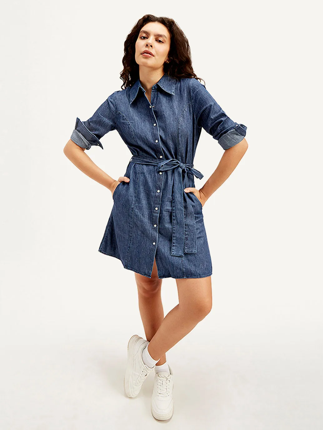 Women's Solid Navy Spread Collar Dress