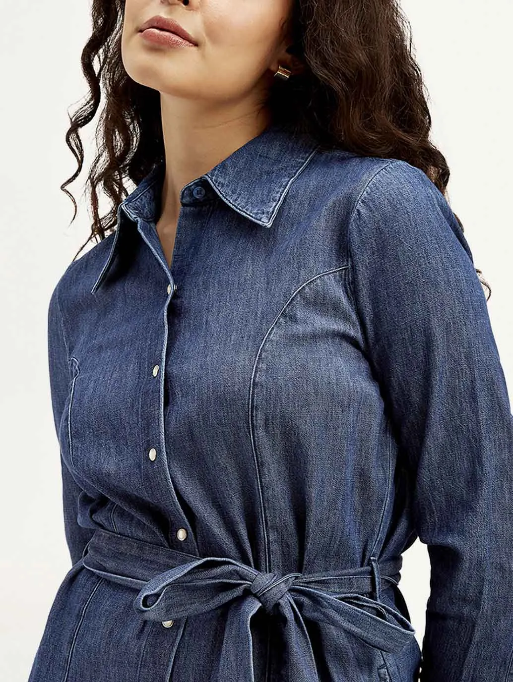 Women's Solid Navy Spread Collar Dress