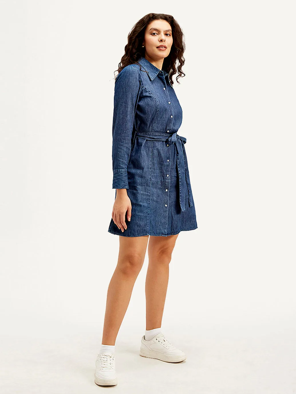 Women's Solid Navy Spread Collar Dress