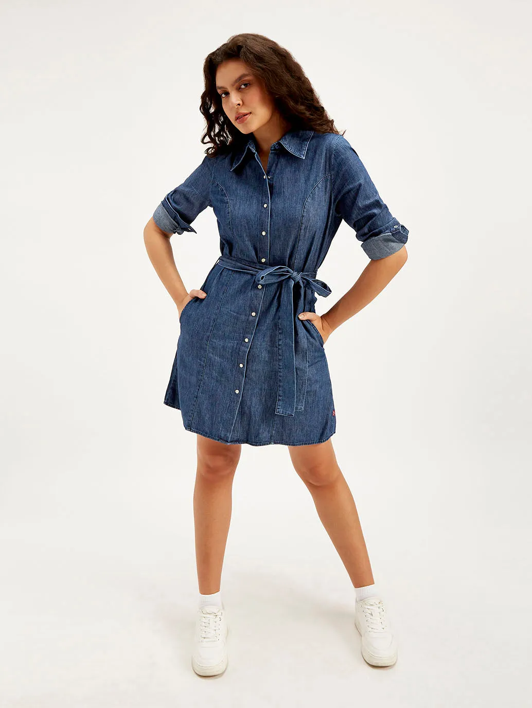 Women's Solid Navy Spread Collar Dress