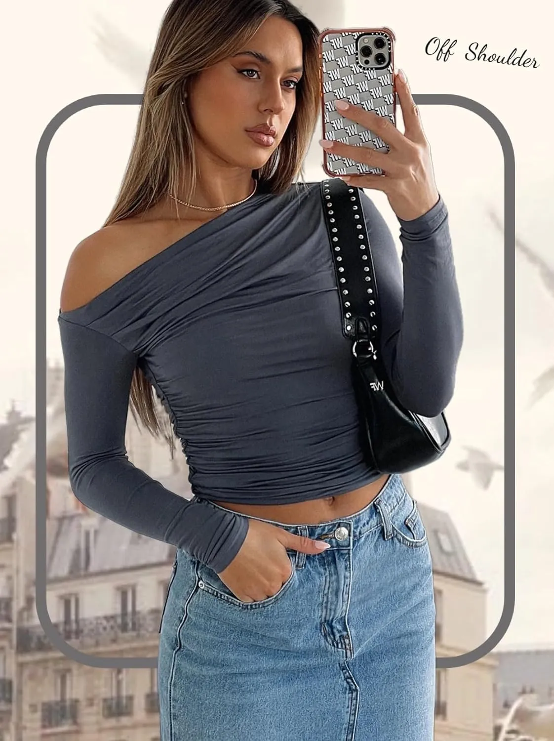 Zeagoo Womens Long Sleeve Off The Shoulder Casual Crop Tops Boat Neck Going Out Slim Fit Y2K T Shirts 2024