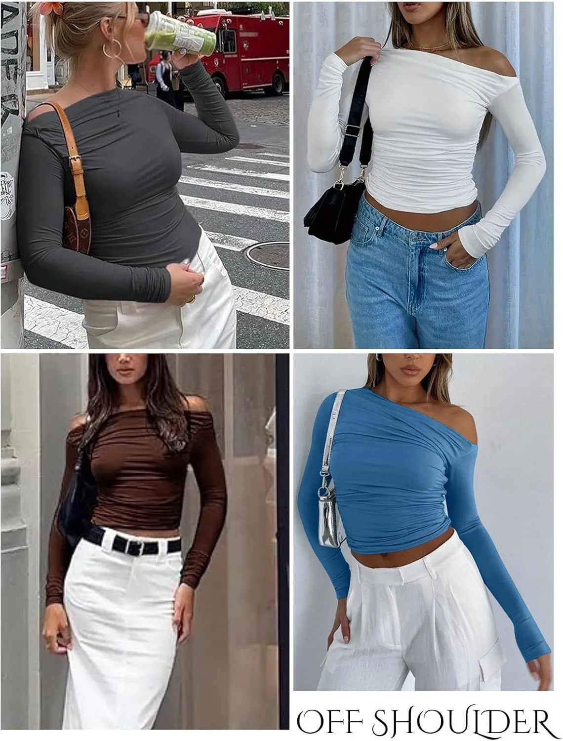 Zeagoo Womens Long Sleeve Off The Shoulder Casual Crop Tops Boat Neck Going Out Slim Fit Y2K T Shirts 2024