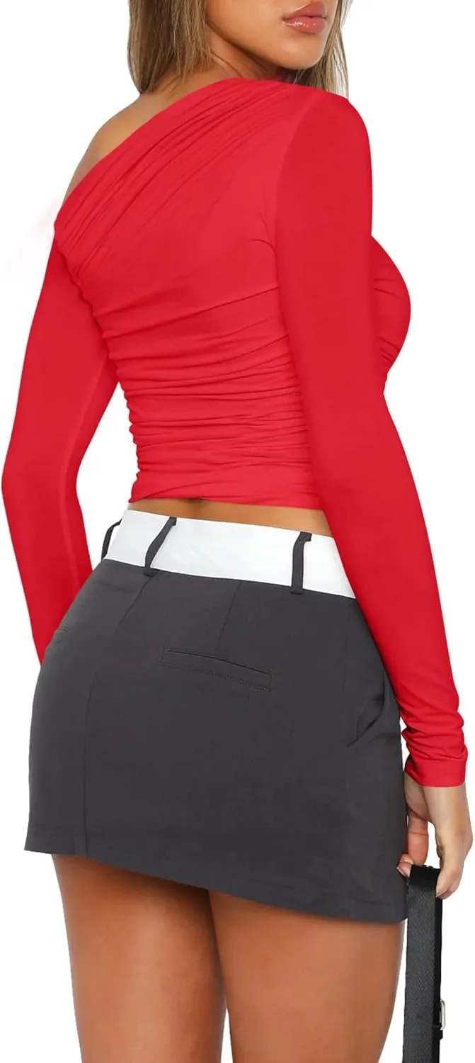 Zeagoo Womens Long Sleeve Off The Shoulder Casual Crop Tops Boat Neck Going Out Slim Fit Y2K T Shirts 2024