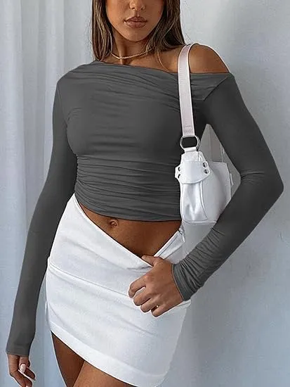Zeagoo Womens Long Sleeve Off The Shoulder Casual Crop Tops Boat Neck Going Out Slim Fit Y2K T Shirts 2024