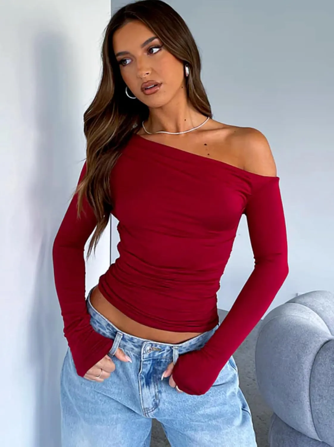 Zeagoo Womens Long Sleeve Off The Shoulder Casual Crop Tops Boat Neck Going Out Slim Fit Y2K T Shirts 2024