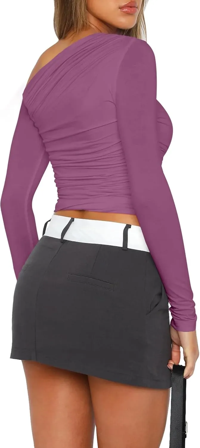 Zeagoo Womens Long Sleeve Off The Shoulder Casual Crop Tops Boat Neck Going Out Slim Fit Y2K T Shirts 2024