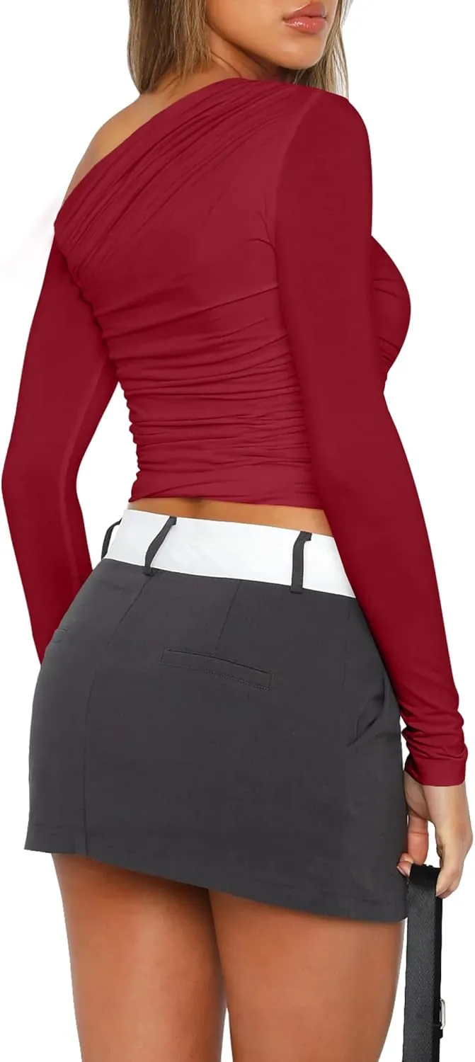 Zeagoo Womens Long Sleeve Off The Shoulder Casual Crop Tops Boat Neck Going Out Slim Fit Y2K T Shirts 2024