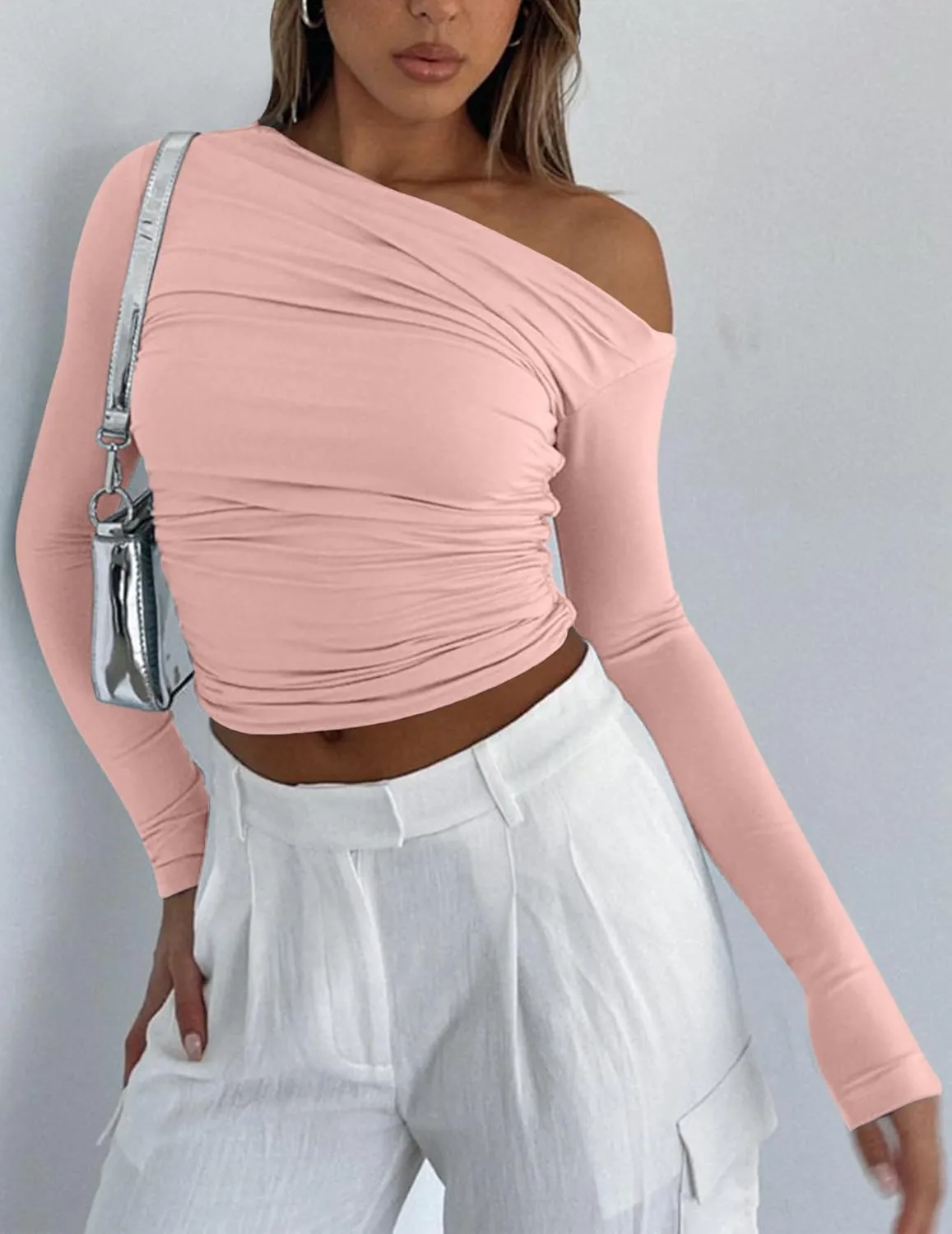 Zeagoo Womens Long Sleeve Off The Shoulder Casual Crop Tops Boat Neck Going Out Slim Fit Y2K T Shirts 2024