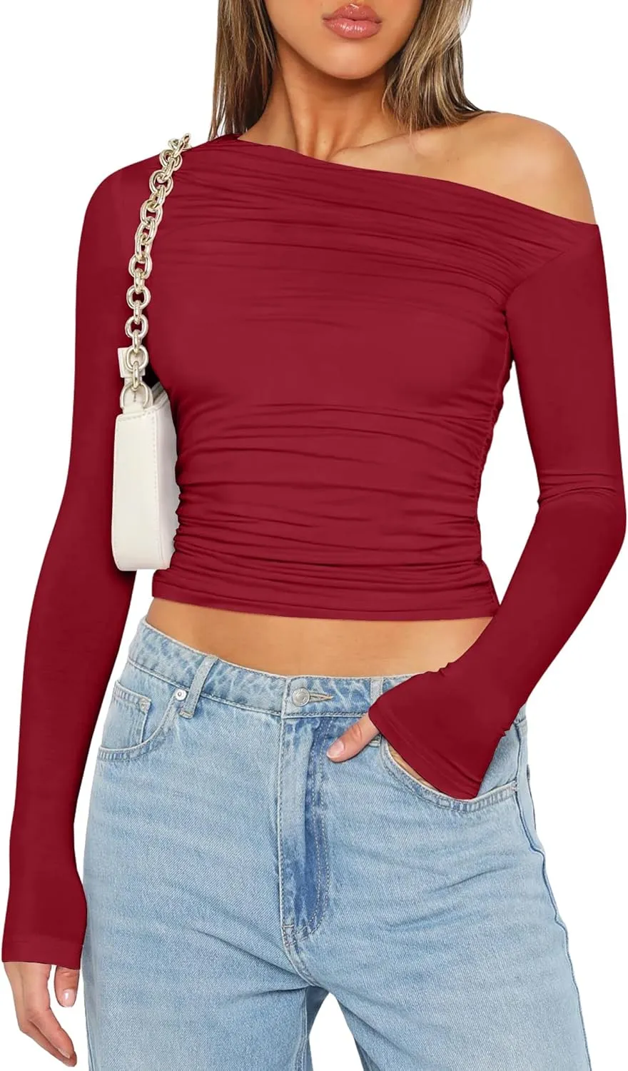 Zeagoo Womens Long Sleeve Off The Shoulder Casual Crop Tops Boat Neck Going Out Slim Fit Y2K T Shirts 2024