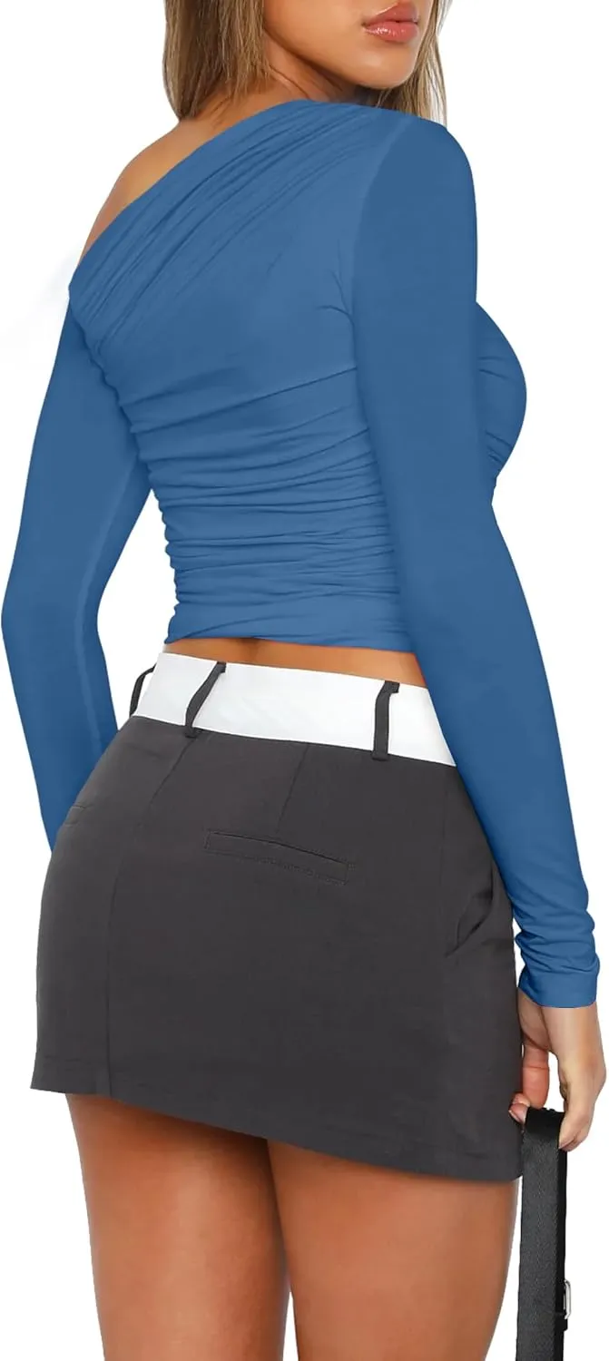 Zeagoo Womens Long Sleeve Off The Shoulder Casual Crop Tops Boat Neck Going Out Slim Fit Y2K T Shirts 2024