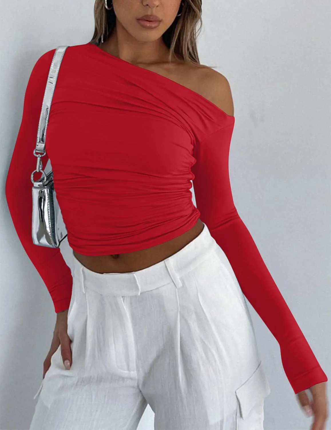 Zeagoo Womens Long Sleeve Off The Shoulder Casual Crop Tops Boat Neck Going Out Slim Fit Y2K T Shirts 2024