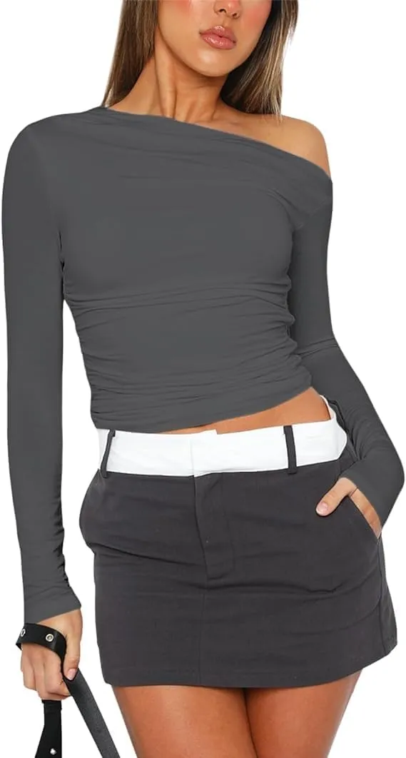 Zeagoo Womens Long Sleeve Off The Shoulder Casual Crop Tops Boat Neck Going Out Slim Fit Y2K T Shirts 2024
